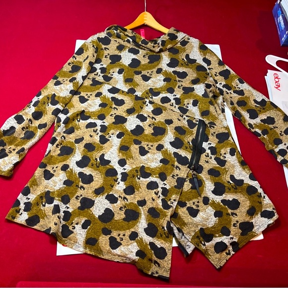 IC Connie K 1X COWL neck KNIT SWEATER olive Gray Black SPOTS Asymmetrical Hem 1X - Picture 9 of 16